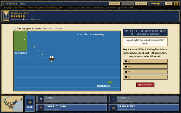 The Voyage to Barbados mini-game: A ship on open blue sea between Virginia and Barbados, with a question about knots and nautical miles.