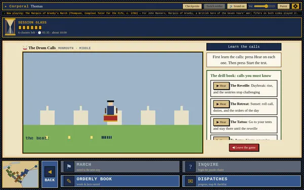 The Drum Calls mini-game: A drummer in camp beside a list of drum calls to learn.