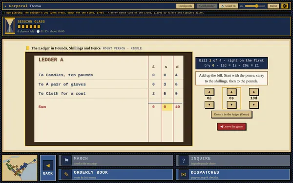 The Ledger mini-game: A ledger page with columns for pounds, shillings and pence and buttons to set each amount.
