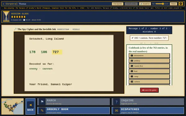The Spy Cipher mini-game: A coded letter from Setauket, Long Island, with numbers being decoded into words.