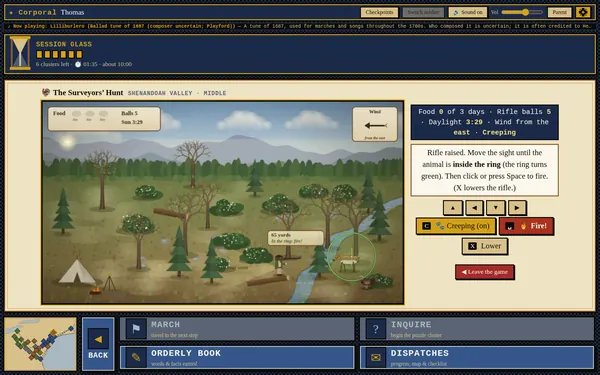 The Surveyors' Hunt mini-game: A wooded valley with a tent and a deer, and a panel showing food, rifle balls, daylight and wind.