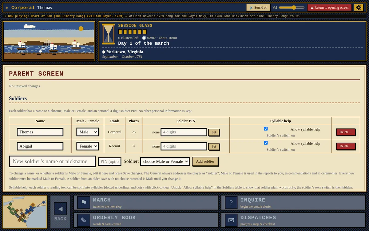 The Parent Screen: a table of soldiers with name, rank, places reached, an optional soldier PIN, and an Allow syllable help switch for each child.