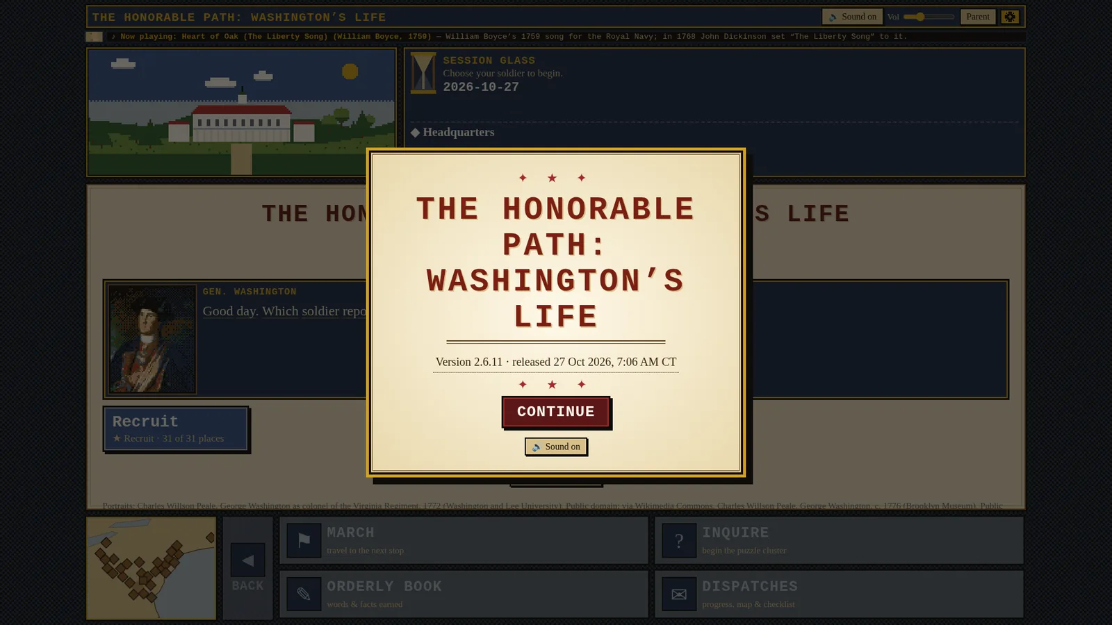 Title card for The Honorable Path: Washington's Life, version 2.6.11, over the Recruit roll.