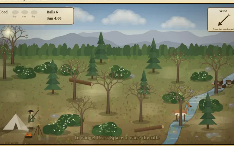 The Surveyors' Hunt, Shenandoah Valley. Deer stand in the woods, the surveyor has a rifle, and the line on the picture says “In range! Press Space to raise the rifle.” The wind is from the north-east. A tent and a small fire sit at the left edge.