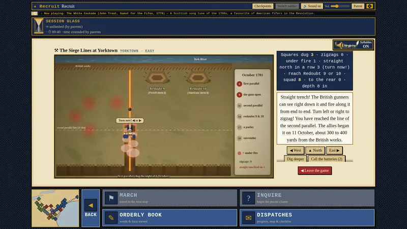 The Siege Lines at Yorktown, October 1781. A straight trench has reached the line of the second parallel and is under fire from the British works.