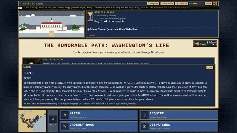 The word panel for “march,” with the Webster 1828 meaning and the note that the book is from 1828.