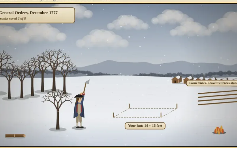 The Huts at Valley Forge, December 1777, the firewood step: trunks saved 2 of 8, the 14 by 16 foot outline in the snow, the fences left alone, and a small campfire.