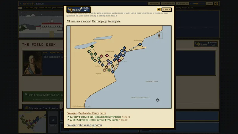 Dispatches on the field desk. The campaign map is open, and the prologue stops at Ferry Farm and the Copybook are sealed.