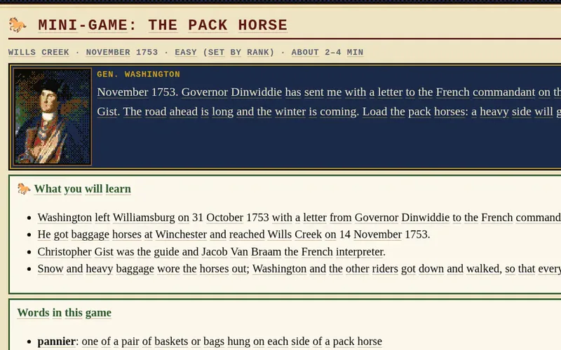 Mini-game card for The Pack Horse, Wills Creek, November 1753. Washington's orders to load the horses, and the words pannier and baggage.