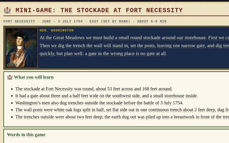 Mini-game card for The Stockade at Fort Necessity, June–3 July 1754, with the stockade lesson.