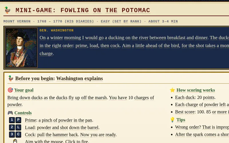 Mini-game card for Fowling on the Potomac, Mount Vernon, 1768–1770: prime, load, cock, then aim.