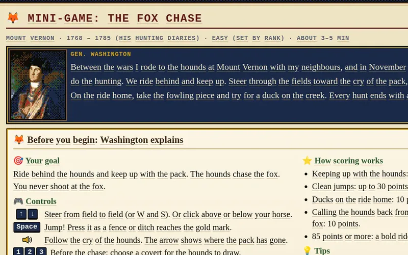 Mini-game card for The Fox Chase, Mount Vernon, 1768–1785: ride with the hounds, and do not shoot the fox.
