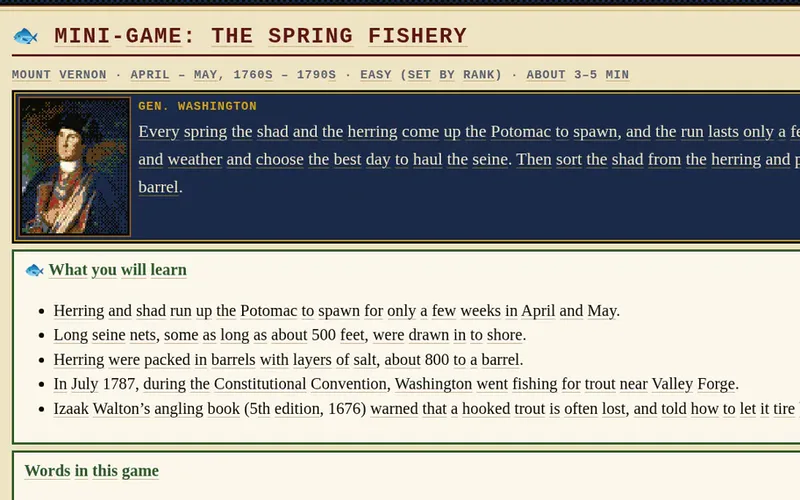 Mini-game card for The Spring Fishery, Mount Vernon, April–May, on the shad and herring run.