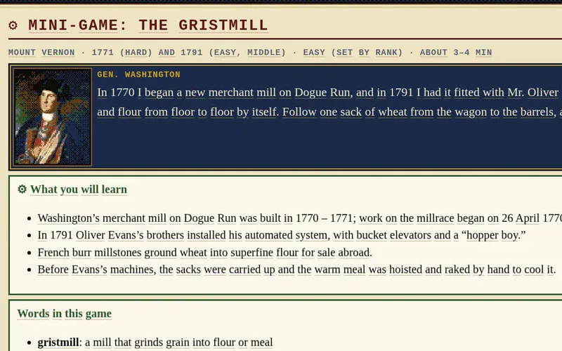 Mini-game card for The Gristmill, Mount Vernon, 1771 and 1791, on Evans's machinery.