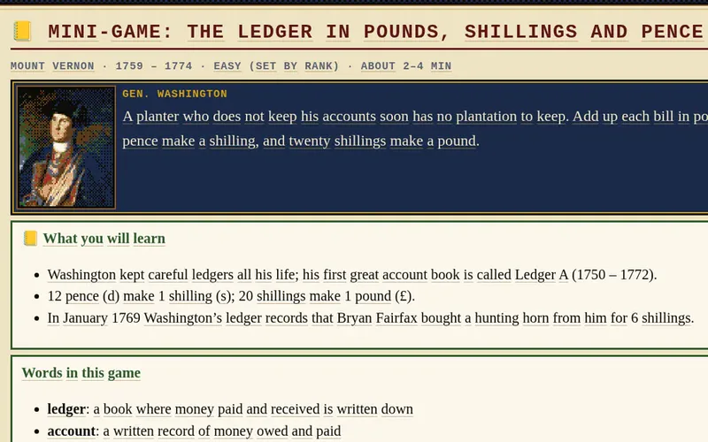 Mini-game card for The Ledger in Pounds, Shillings and Pence, Mount Vernon, 1759–1774: twelve pence to a shilling, twenty shillings to a pound.
