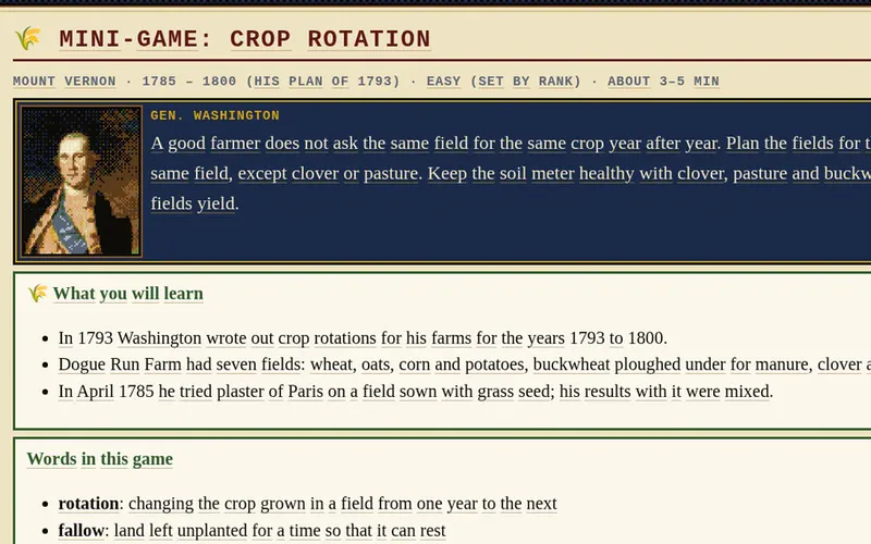 Mini-game card for Crop Rotation, Mount Vernon, 1785–1800, on Washington's 1793 field plan.