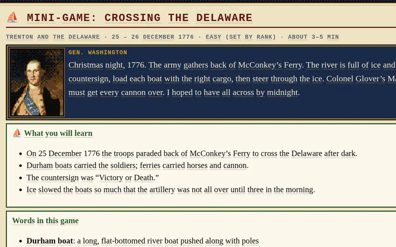 Mini-game card for Crossing the Delaware, 25–26 December 1776, at McConkey's Ferry.