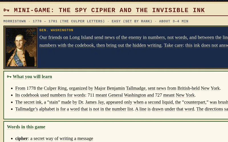 Mini-game card for The Spy Cipher and the Invisible Ink, Morristown, 1778–1781, on the Culper codebook and the stain.