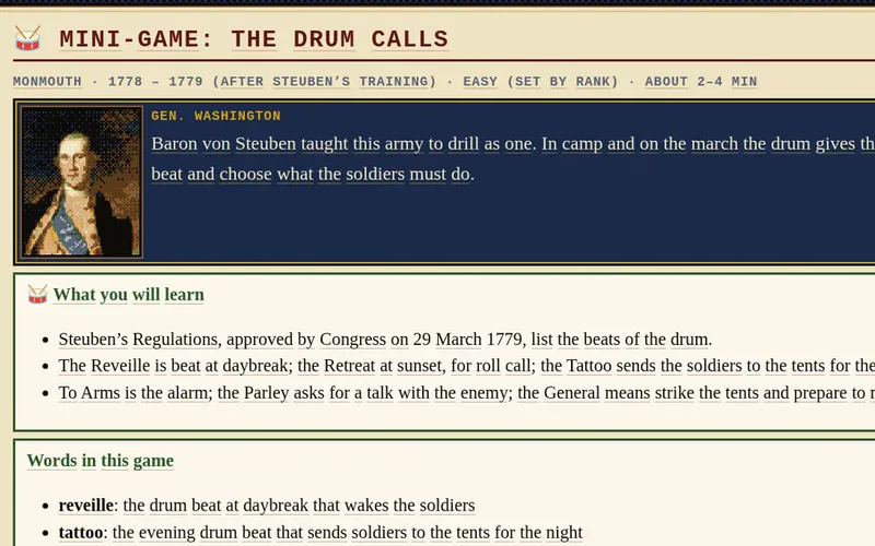 Mini-game card for The Drum Calls, Monmouth, 1778–1779, on Steuben's beats.