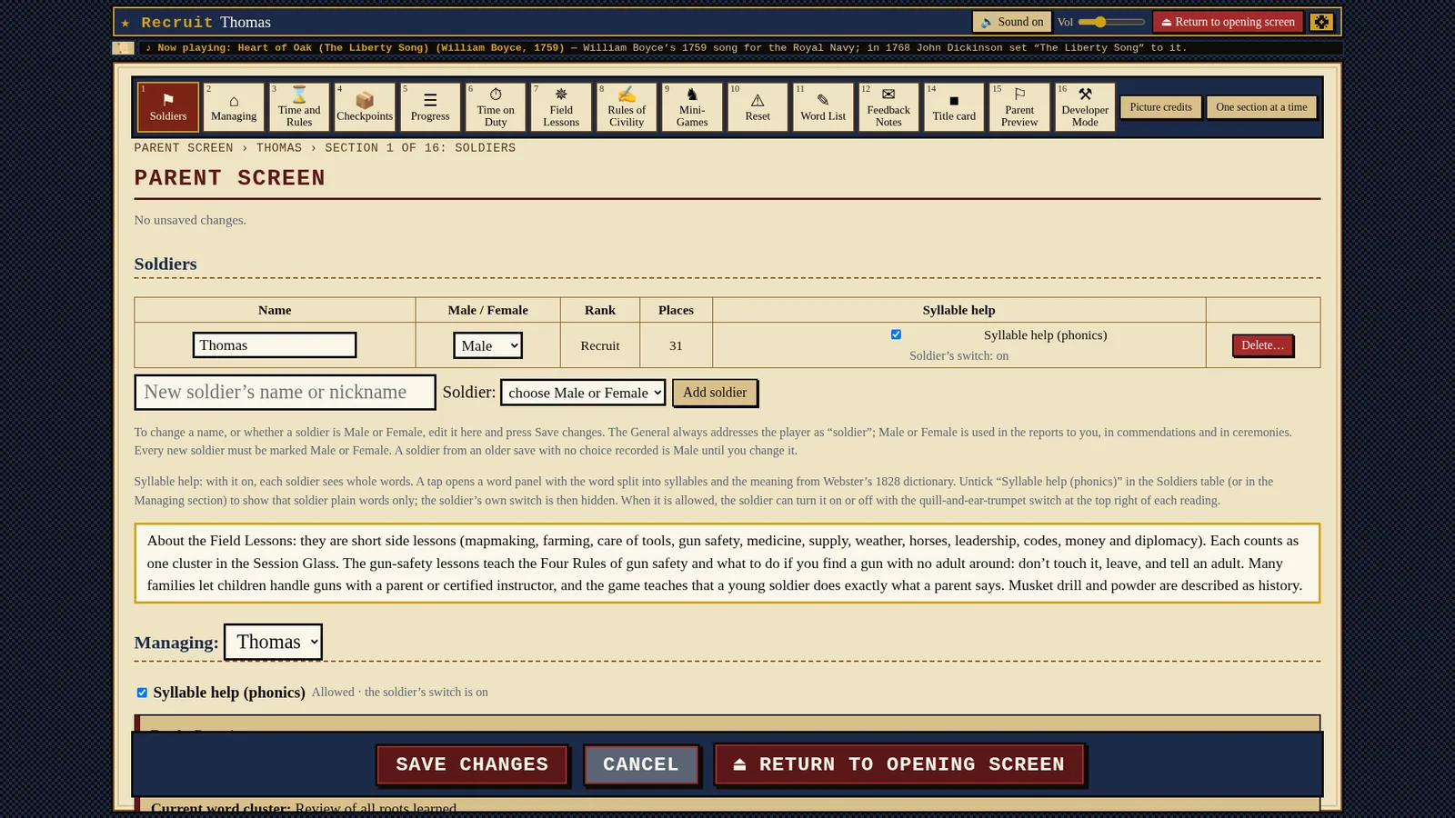 The Parent Screen, Soldiers section: one soldier, Thomas, rank Recruit, with syllable help allowed.