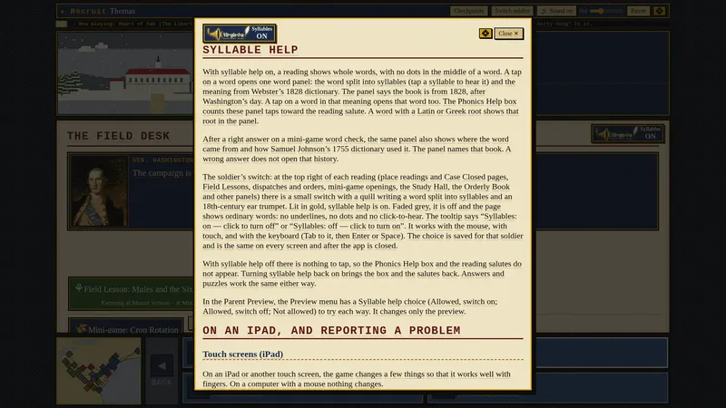 The Syllable help panel. It explains the syllable switch, the Webster 1828 word panel, and iPad touch.