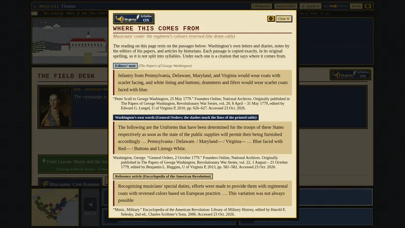 The sources box, headed “Where this comes from,” open on Musicians' coats: the regiment's colours reversed (the drum calls), with the citations the game prints there.