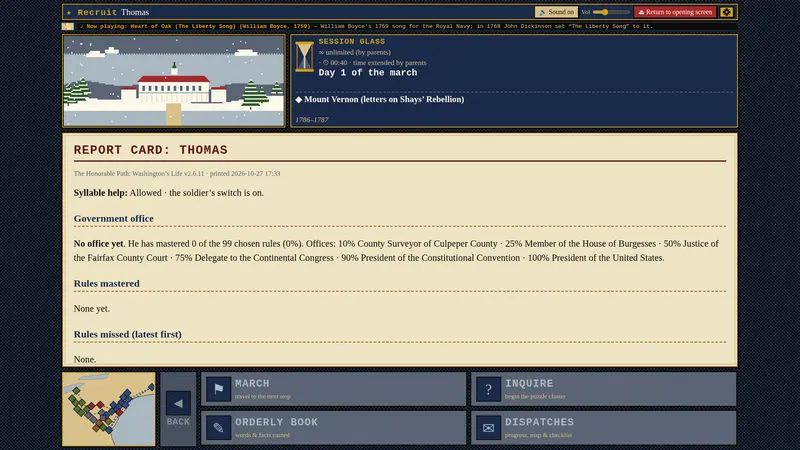Report Card: Thomas. The Honorable Path: Washington's Life v2.6.11. Syllable help allowed. No office yet.